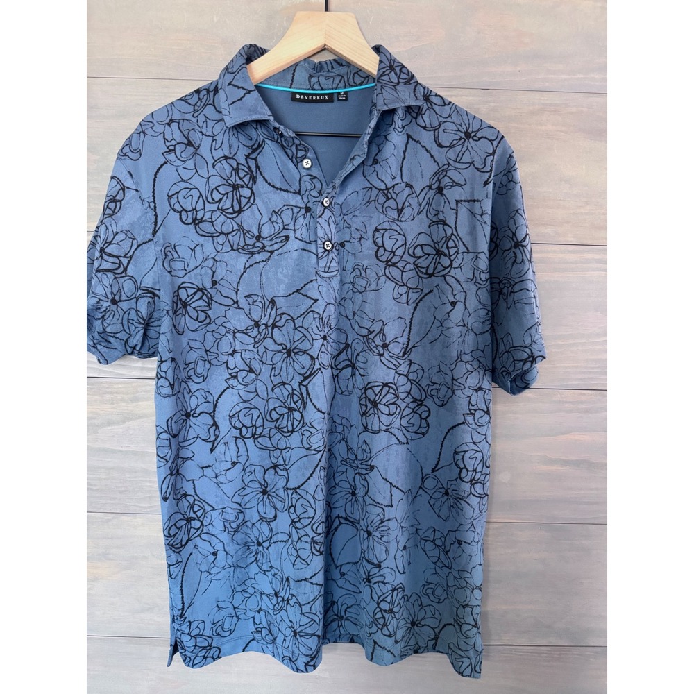 Devereux Mens Blue Floral Line Art Golf Polo Shirt Short Sleeve‎ Size Medium